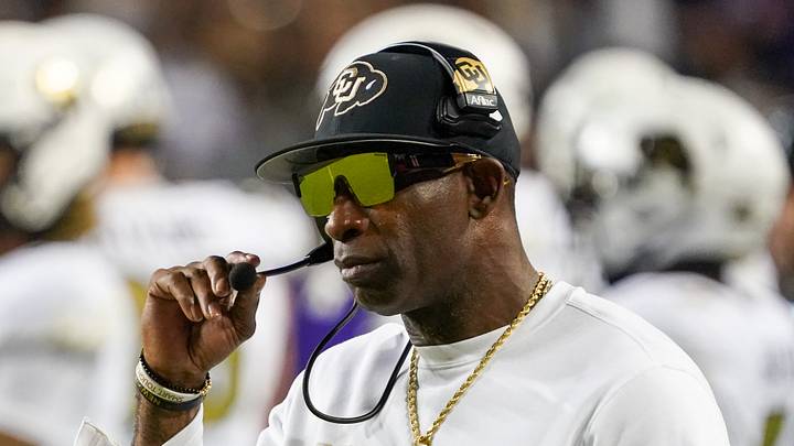 Colorado Buffaloes head coach Deion Sanders on the sidelines during the first half against the TCU Horned Frogs at Amon G. Carter Stadium.