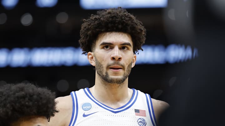 Mar 29, 2026; Washington, DC, USA; Duke Blue Devils forward Cameron Boozer (12) waits for the ball to be thrown into play as UConn Huskies forward Jaylin Stewart (3) defends in the first half during an Elite Eight game of the East Regional of the men's 2026 NCAA Tournament at Capital One Arena. Mandatory Credit: Amber Searls-Imagn Images