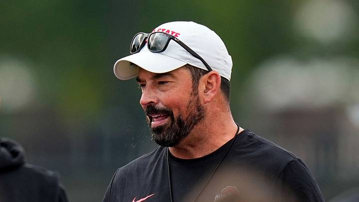 Ohio State Buckeyes head coach Ryan Day speaks to his players during the third day of training camp at the Woody Hayes Athletic Center on Aug. 8, 2026 in Columbus, Ohio. Ohio State Buckeyes head coach Ryan Day speaks to his players during the third day of training camp at the Woody Hayes Athletic Center on Aug. 8, 2026 in Columbus, Ohio.