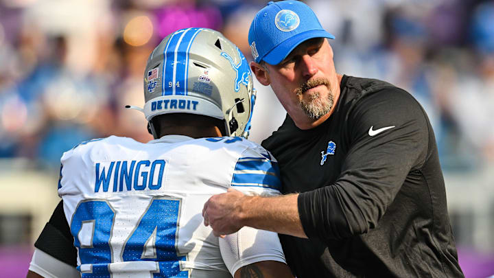 Detroit Lions head coach Dan Campbell greets defensive tackle Mekhi Wingo (94) before the game Minnesota Vikings Detroit Lions head coach Dan Campbell greets defensive tackle Mekhi Wingo (94) before the game Minnesota Vikings