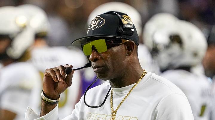Colorado Buffaloes head coach Deion Sanders on the sidelines during the first half against the TCU Horned Frogs at Amon G. Carter Stadium. Colorado Buffaloes head coach Deion Sanders on the sidelines during the first half against the TCU Horned Frogs at Amon G. Carter Stadium.