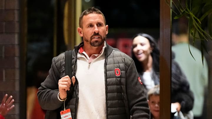 Ohio State Buckeyes offensive coordinator Brian Hartline arrives at the Hilton Anatole Hotel in Dallas prior to the Cotton Bowl on Dec. 28, 2025.
