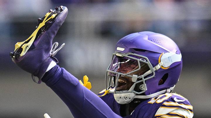 Sep 22, 2024; Minneapolis, Minnesota, USA; Minnesota Vikings linebacker Jonathan Greenard (58) reacts after a sack against the Houston Texans during the fourth quarter at U.S. Bank Stadium. Mandatory Credit: Jeffrey Becker-Imagn Images