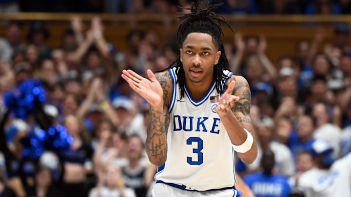 Jan 10, 2026; Durham, North Carolina, USA; Duke Blue Devils forward Isaiah Evans (3) reacts after hitting a three-pointer during the second half against the Southern Methodist Mustangs at Cameron Indoor Stadium. Mandatory Credit: Rob Kinnan-Imagn Images Jan 10, 2026; Durham, North Carolina, USA; Duke Blue Devils forward Isaiah Evans (3) reacts after hitting a three-pointer during the second half against the Southern Methodist Mustangs at Cameron Indoor Stadium. Mandatory Credit: Rob Kinnan-Imagn Images