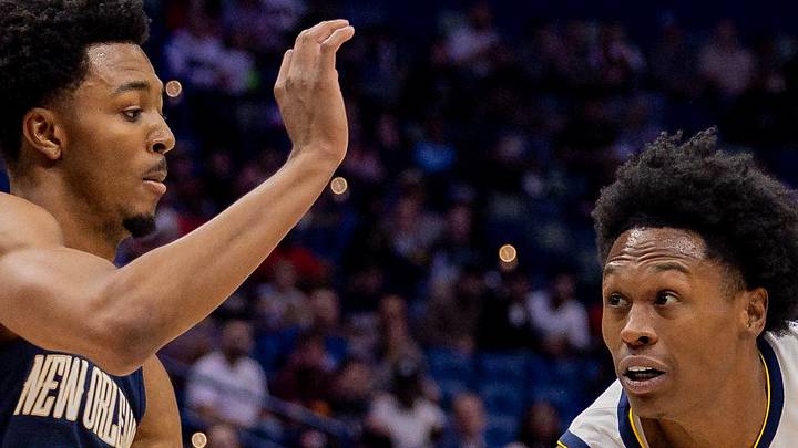 Nov 19, 2025; New Orleans, Louisiana, USA;  Denver Nuggets guard Peyton Watson (8) drives to the basket against New Orleans Pelicans forward Trey Murphy III (25) during the first half  at Smoothie King Center. Mandatory Credit: Stephen Lew-Imagn Images