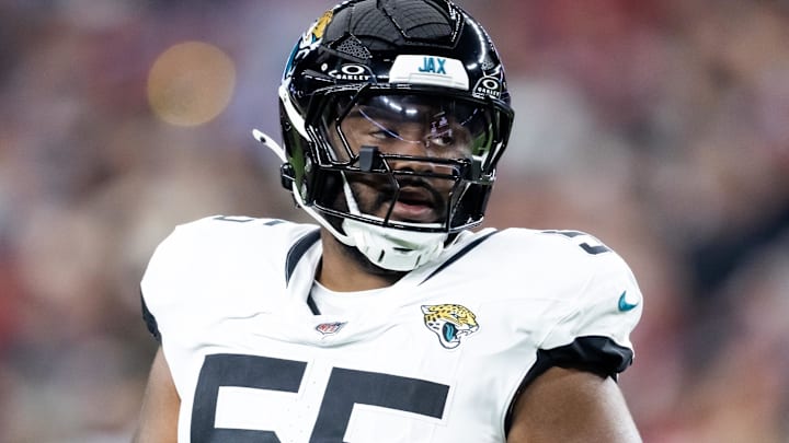 Nov 23, 2025; Glendale, Arizona, USA; Jacksonville Jaguars offensive lineman Chuma Edoga (55) against the Arizona Cardinals at State Farm Stadium. Mandatory Credit: Mark J. Rebilas-Imagn Images