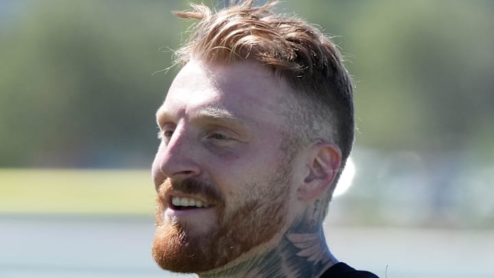 Jul 24, 2025; Henderson, NV, USA; Las Vegas Raiders defensive end Maxx Crosby during training camp at the Intermountain Healthcare Performance Center. Mandatory Credit: Kirby Lee-Imagn Images