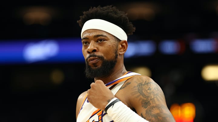 Oct 14, 2025; Phoenix, Arizona, USA; Phoenix Suns guard Jordan Goodwin (23) against the Los Angeles Lakers during an NBA preseason game at Mortgage Matchup Center. Mandatory Credit: Mark J. Rebilas-Imagn Images Oct 14, 2025; Phoenix, Arizona, USA; Phoenix Suns guard Jordan Goodwin (23) against the Los Angeles Lakers during an NBA preseason game at Mortgage Matchup Center. Mandatory Credit: Mark J. Rebilas-Imagn Images