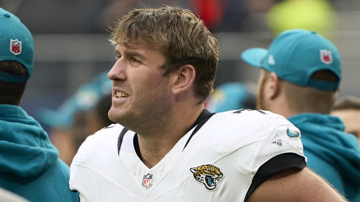 Oct 13, 2024; London, United Kingdom; Jacksonville Jaguars offensive tackle Walker Little (72) during the second half of an NFL International Series game at Tottenham Hotspur Stadium. Mandatory Credit: Peter van den Berg-Imagn Images