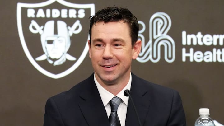 Feb 10, 2026; Henderson, NV, USA; Las Vegas Raiders coach Klint Kubiak speaks at introductory press conference at Intermountain Health Performance Center. Mandatory Credit: Kirby Lee-Imagn Images Feb 10, 2026; Henderson, NV, USA; Las Vegas Raiders coach Klint Kubiak speaks at introductory press conference at Intermountain Health Performance Center. Mandatory Credit: Kirby Lee-Imagn Images