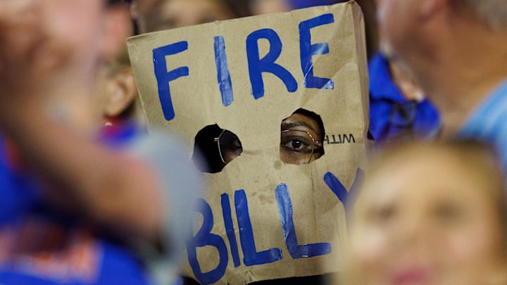 Oct 18, 2025; Gainesville, Florida, USA; A fan wears a Fire Billy Napier bag over their head between the Florida Gators and Mississippi State Bulldogs during the second half at Ben Hill Griffin Stadium. Mandatory Credit: Matt Pendleton-Imagn Images