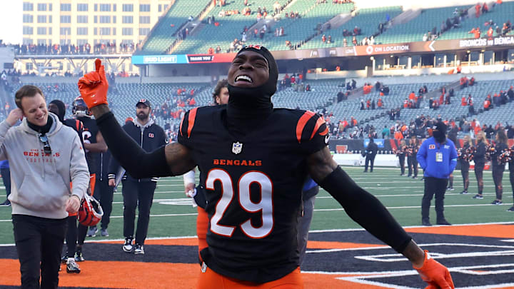 Dec 22, 2024; Cincinnati, Ohio, USA;  Cincinnati Bengals cornerback Cam Taylor-Britt (29) celebrates a win against the Cleveland Browns at Paycor Stadium. Mandatory Credit: Joseph Maiorana-Imagn Images