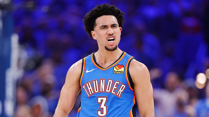 May 18, 2026; Oklahoma City, Oklahoma, USA; Oklahoma City Thunder guard Jared McCain (3) reacts in the second quarter against the San Antonio Spurs during game one of the western conference finals for the 2026 NBA playoffs at Paycom Center. Mandatory Credit: Alonzo Adams-Imagn Images May 18, 2026; Oklahoma City, Oklahoma, USA; Oklahoma City Thunder guard Jared McCain (3) reacts in the second quarter against the San Antonio Spurs during game one of the western conference finals for the 2026 NBA playoffs at Paycom Center. Mandatory Credit: Alonzo Adams-Imagn Images