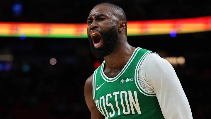 Apr 1, 2026; Miami, Florida, USA; Boston Celtics guard Jaylen Brown (7) reacts against the Miami Heat during the third quarter at Kaseya Center. Mandatory Credit: Sam Navarro-Imagn Images Apr 1, 2026; Miami, Florida, USA; Boston Celtics guard Jaylen Brown (7) reacts against the Miami Heat during the third quarter at Kaseya Center. Mandatory Credit: Sam Navarro-Imagn Images