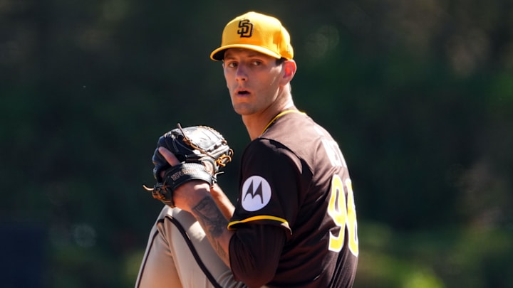 Feb 23, 2025; Phoenix, Arizona, USA; San Diego Padres pitcher Braden Nett (96) pitches against the Los Angeles Dodgers during the first inning at Camelback Ranch-Glendale. Mandatory Credit: Joe Camporeale-Imagn Images