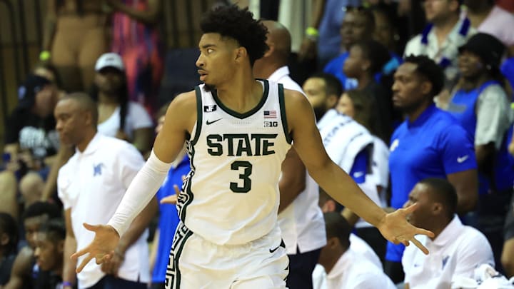 Nov 26, 2024; Lahaina, Hawaii, USA;  Michigan State Spartans guard Jaden Akins (3) reacts after a basket during the first half against the Memphis Tigers at Lahaina Civic Center. Mandatory Credit: Marco Garcia-Imagn Images