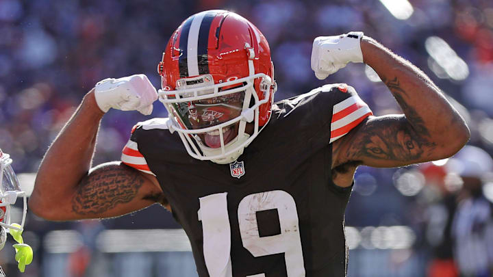 Cleveland Browns wide receiver Cedric Tillman (19) celebrates his touchdown with wide receiver Elijah Moore (8) during the second half of an NFL football game at Huntington Bank Field, Sunday, Oct. 27, 2024, in Cleveland, Ohio.