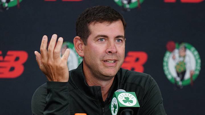 Sep 29, 2025; Boston, MA, USA; Boston Celtics president of basketball operations Brad Stevens talks to reporters during media day at the Auerbach Center. Mandatory Credit: David Butler II-Imagn Images