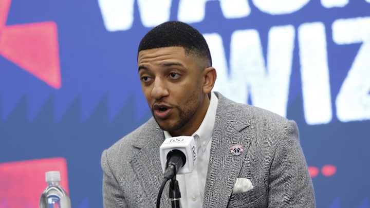 Jan 9, 2026; Washington, District of Columbia, USA; Washington Wizards general manager Will Dawkins  introduces newly acquired Wizards guard Trae Young (not pictured) at a press conference prior to the Wizards' game against the New Orleans Pelicans at Capital One Arena. Mandatory Credit: Geoff Burke-Imagn Images