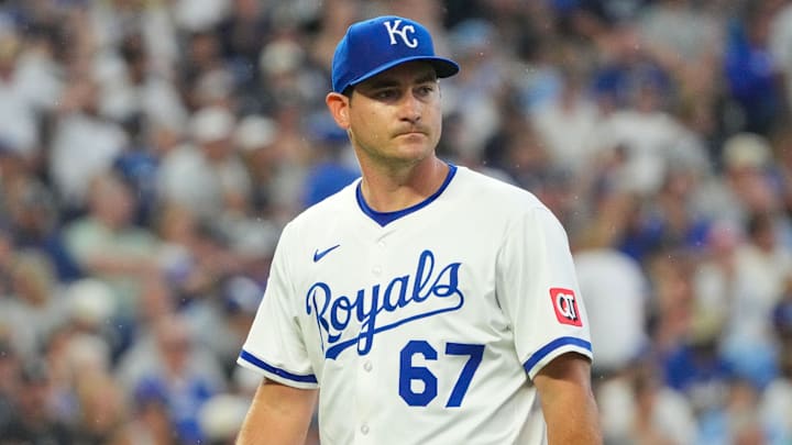 Jun 12, 2025; Kansas City, Missouri, USA; Kansas City Royals starting pitcher Seth Lugo (67) returns to the dugout against the New York Yankees after being replaced in the sixth inning at Kauffman Stadium. Mandatory Credit: Denny Medley-Imagn Images