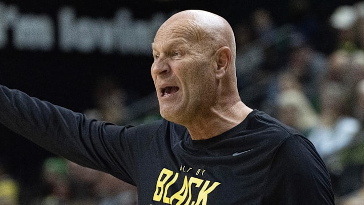 Oregon women’s coach Kelly Graves call to his team during the second half against Nebraska Feb. 19, 2026. Oregon women’s coach Kelly Graves call to his team during the second half against Nebraska Feb. 19, 2026.