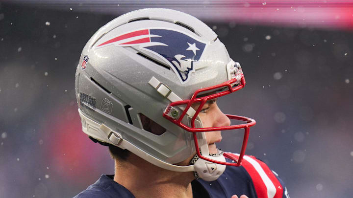 Jan 18, 2026; Foxborough, MA, USA; New England Patriots quarterback Drake Maye (10) warms up before an AFC Divisional Round game against the Houston Texans at Gillette Stadium. Mandatory Credit: David Butler II-Imagn Images