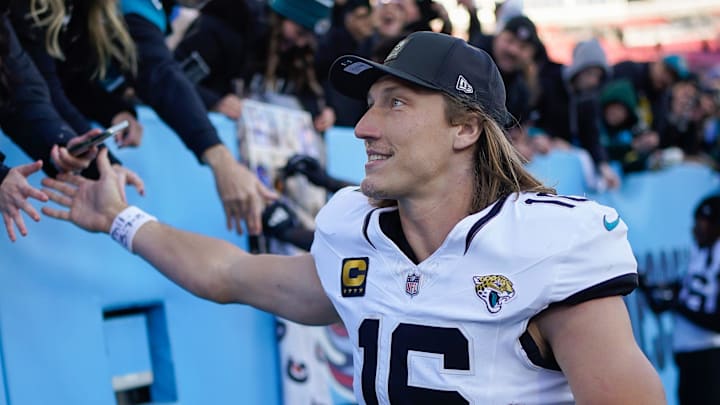 Jacksonville Jaguars quarterback Trevor Lawrence (16) celebrates the victory over the Tennessee Titans after the game at Nissan Stadium in Nashville, Tenn., Sunday, Nov. 30, 2025. Jacksonville Jaguars quarterback Trevor Lawrence (16) celebrates the victory over the Tennessee Titans after the game at Nissan Stadium in Nashville, Tenn., Sunday, Nov. 30, 2025.