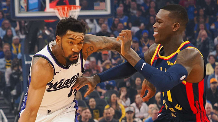 Jan 5, 2025; San Francisco, California, USA; Sacramento Kings guard Malik Monk (0) drives in against Golden State Warriors guard Dennis Schroder (71) during the first quarter at Chase Center. Mandatory Credit: Kelley L Cox-Imagn Images Jan 5, 2025; San Francisco, California, USA; Sacramento Kings guard Malik Monk (0) drives in against Golden State Warriors guard Dennis Schroder (71) during the first quarter at Chase Center. Mandatory Credit: Kelley L Cox-Imagn Images