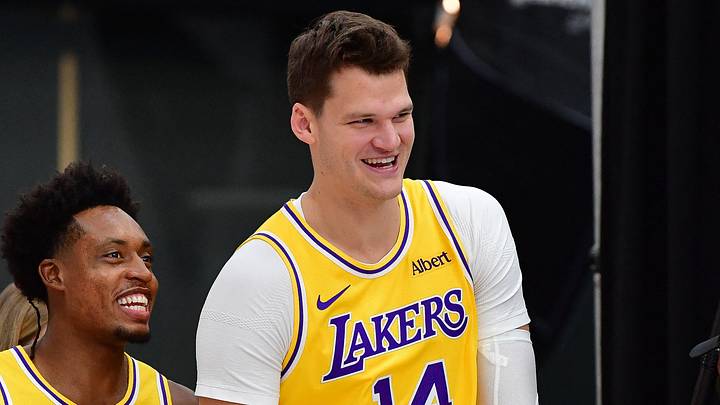 Sep 28, 2026; El Segundo, CA, USA; Los Angeles Lakers players Collin Sexton (10) and Walker Kessler (14) during media day at UCLA Health Training Center.  Mandatory Credit: Gary A. Vasquez-Imagn Images