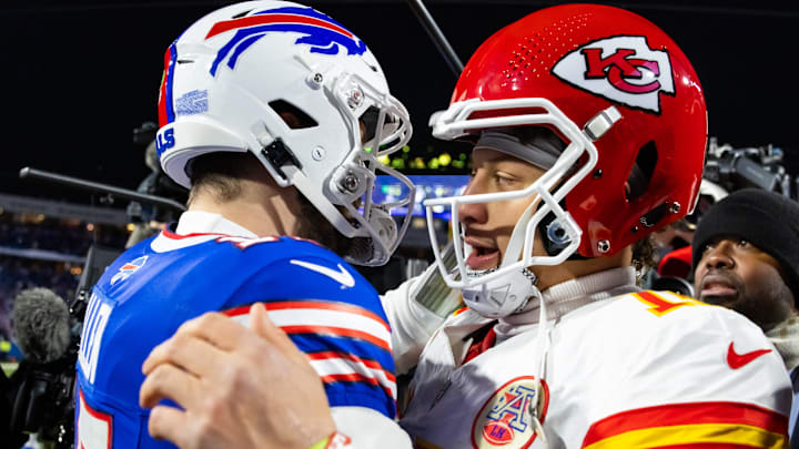 Jan 21, 2024; Orchard Park, New York, USA; Kansas City Chiefs quarterback Patrick Mahomes (15) greets Buffalo Bills quarterback Josh Allen (17) following the 2024 AFC divisional round game at Highmark Stadium.