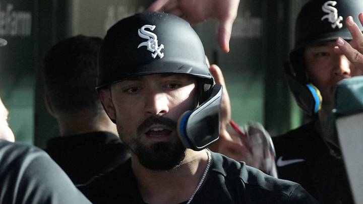 Aug 17, 2026; Chicago, Illinois, USA; Chicago White Sox designated hitter Randal Grichuk (34) is greeted in the dugout after hitting a three-run home run against the Chicago Cubs during the fourth inning at Wrigley Field. Mandatory Credit: David Banks-Imagn Images