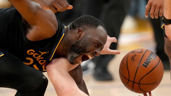 May 2, 2025; San Francisco, California, USA; Golden State Warriors forward Draymond Green (23) is unable to gain control of the ball before a timeout was called by the Houston Rockets in the fourth quarter of game six of the first round for the 2025 NBA Playoffs at Chase Center. Mandatory Credit: Cary Edmondson-Imagn Images