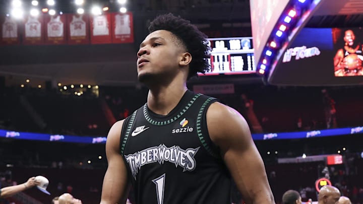 Apr 10, 2026; Houston, Texas, USA; Minnesota Timberwolves guard/forward Terrence Shannon Jr. (1) walks off the court after the game against the Houston Rockets at Toyota Center. Mandatory Credit: Troy Taormina-Imagn Images