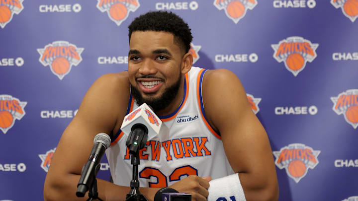 Sep 23, 2025; New York, NY, USA; New York Knicks center Karl-Anthony Towns speaks to the media during a media day press conference at the Madison Square Garden training center. Mandatory Credit: Brad Penner-Imagn Images Sep 23, 2025; New York, NY, USA; New York Knicks center Karl-Anthony Towns speaks to the media during a media day press conference at the Madison Square Garden training center. Mandatory Credit: Brad Penner-Imagn Images