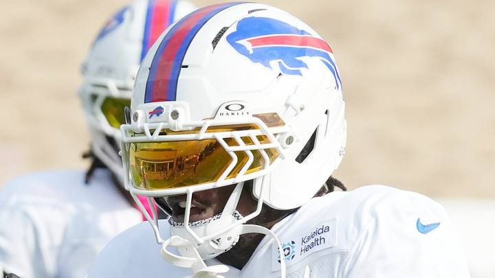 Bills defensive back C.J. Gardner-Johnson pulls in a pass during position drills during day six of Buffalo Bills training camp at St. John Fisher University Thursday, August 5, 2026 in Pittsford.
