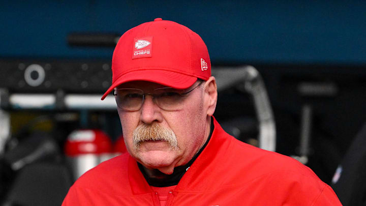 Dec 21, 2025; Nashville, Tennessee, USA;  Kansas City Chiefs head coach Andy Reid walks to the field against the Tennessee Titans during pre-game warmups at Nissan Stadium. Mandatory Credit: Steve Roberts-Imagn Images