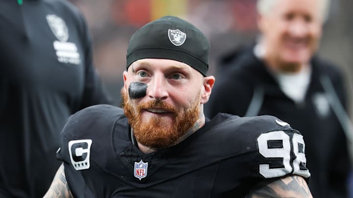 Sep 28, 2025; Paradise, Nevada, USA; Las Vegas Raiders defensive end Maxx Crosby (98) warms up prior to the game against the Chicago Bears at Allegiant Stadium. Mandatory Credit: Kiyoshi Mio-Imagn Images