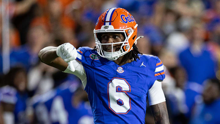 Oct 19, 2024; Gainesville, Florida, USA; Florida Gators wide receiver Elijhah Badger (6) gestures after a catch against the Kentucky Wildcats during the first half at Ben Hill Griffin Stadium. Mandatory Credit: Matt Pendleton-Imagn Images