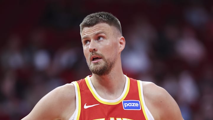 Oct 6, 2025; Houston, Texas, USA; Atlanta Hawks forward/center Kristaps Porzingis (8) reacts during the second quarter against the Houston Rockets at Toyota Center. 