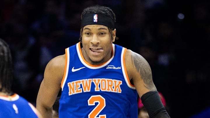 Jan 15, 2025; Philadelphia, Pennsylvania, USA; New York Knicks guard Miles McBride (2) reacts to his score against the Philadelphia 76ers during the fourth quarter at Wells Fargo Center. Mandatory Credit: Bill Streicher-Imagn Images