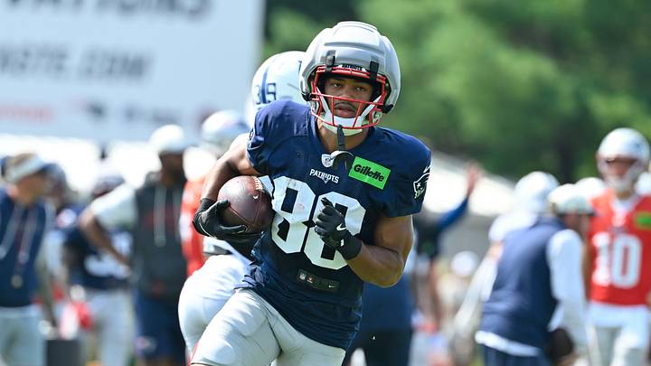 Aug 11, 2026; Foxborough, MA, USA; New England Patriots wide receiver Cameron Dorner (88) runs the ball after making a catch during a joint practice with the Indianapolis Colts at Gillette Stadium. Mandatory Credit: Eric Canha-Imagn Images