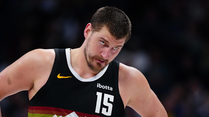 Mar 6, 2026; Denver, Colorado, USA; Denver Nuggets center Nikola Jokic (15) during the second quarter against the New York Knicks at Ball Arena. Mandatory Credit: Ron Chenoy-Imagn Images
