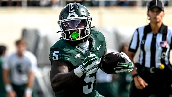 Michigan State's Makhi Frazier runs for a gain against Youngstown State during the first quarter on Saturday, Sept. 13, 2025, at Spartan Stadium in East Lansing.