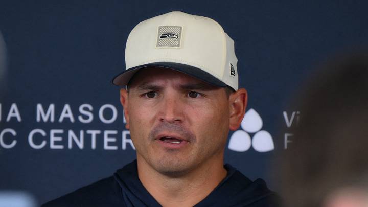 Seattle Seahawks head coach Mike Macdonald speaks to the media