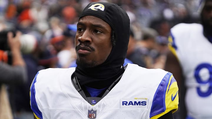 Sep 29, 2024; Chicago, Illinois, USA; Los Angeles Rams wide receiver Tutu Atwell (5) in a game against the Chicago Bears at Soldier Field. Mandatory Credit: David Banks-Imagn Images Sep 29, 2024; Chicago, Illinois, USA; Los Angeles Rams wide receiver Tutu Atwell (5) in a game against the Chicago Bears at Soldier Field. Mandatory Credit: David Banks-Imagn Images