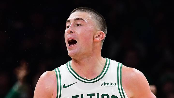 Oct 10, 2026; Boston, Massachusetts, USA;  Boston Celtics guard Payton Pritchard (11) reacts after making a three point shot during the first half against the Philadelphia 76ers at TD Garden. Mandatory Credit: Bob DeChiara-Imagn Images