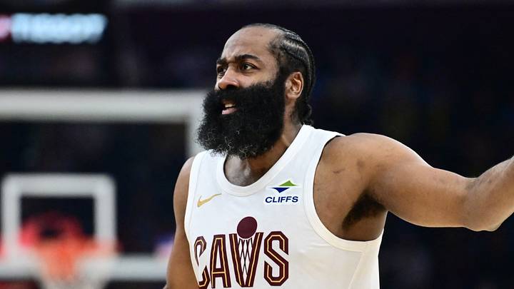 Mar 9, 2026; Cleveland, Ohio, USA; Cleveland Cavaliers guard James Harden (1) reacts after a play during the second half against the Philadelphia 76ers at Rocket Arena. Mandatory Credit: Ken Blaze-Imagn Images
