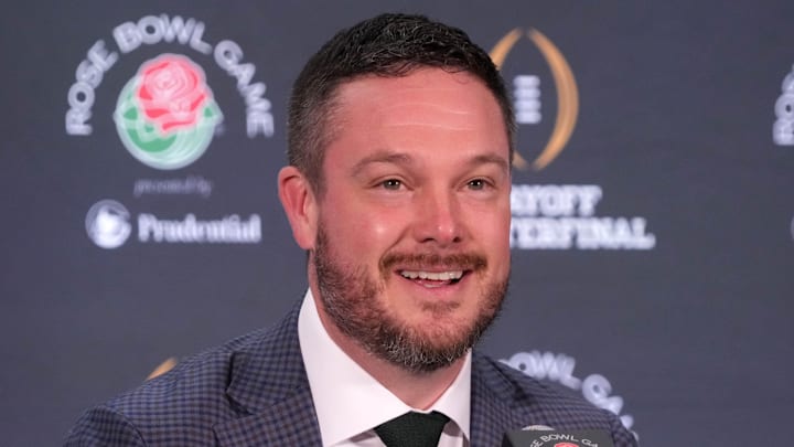 Dec 31, 2024; Los Angeles, California, USA; Oregon Ducks head coach Dan Lanning during the Rose Bowl head coaches press conference at Sheraton Grand LA. Mandatory Credit: Kirby Lee-Imagn Images