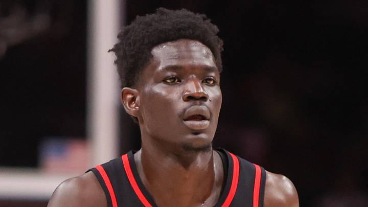 Atlanta Hawks forward Mouhamed Gueye (18) reacts after a basket against the Golden State Warriors in the second quarter at State Farm Arena on March 21, 2026.