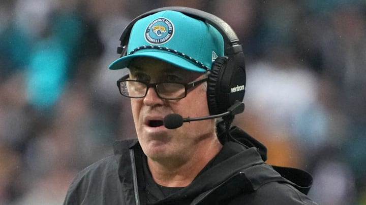 Oct 20, 2024; London, United Kingdom; Jacksonville Jaguars coach Doug Pederson watches from the sidelines against the New England Patriots in the first half of an NFL International Series game at Wembley Stadium. Mandatory Credit: Kirby Lee-Imagn Images